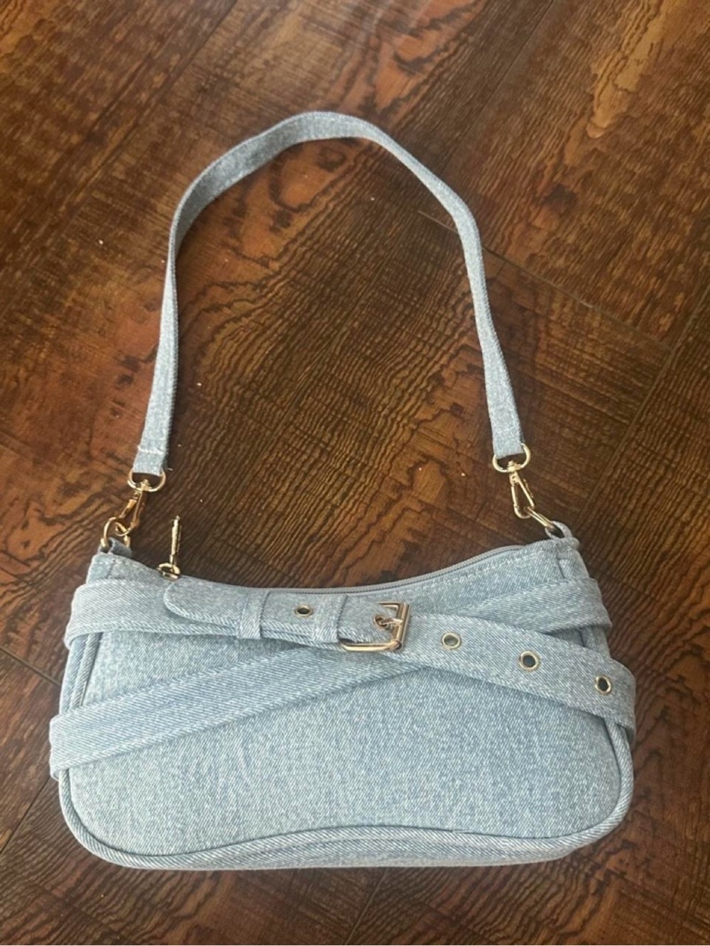 Y2K Light Blue Denim Belt-Detail Shoulder Bag with Gold Hardware